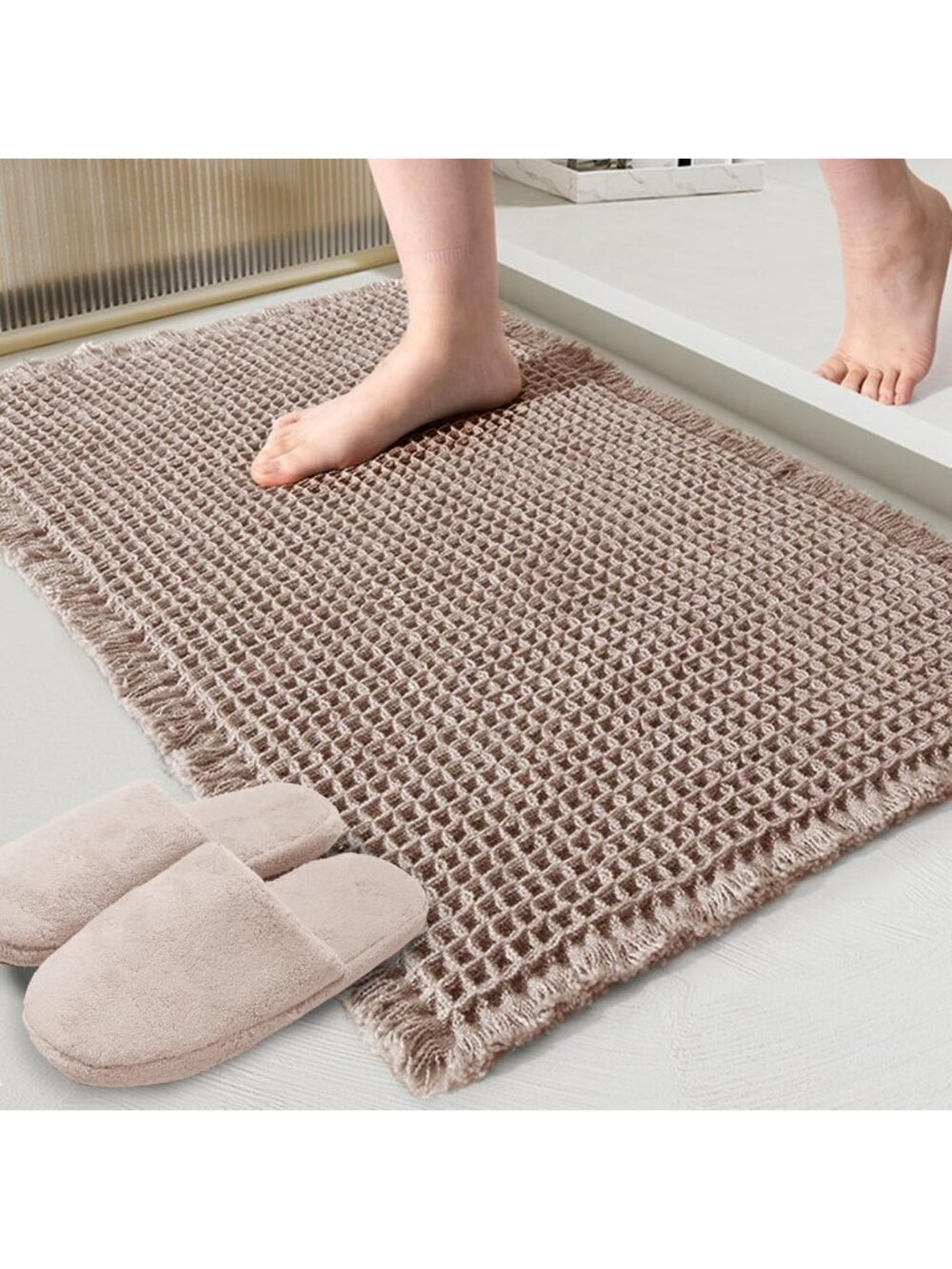 Super Absorbent Tan Waffle Bath Mat, Non-Slip Bathroom Rug, 18x30" Machine